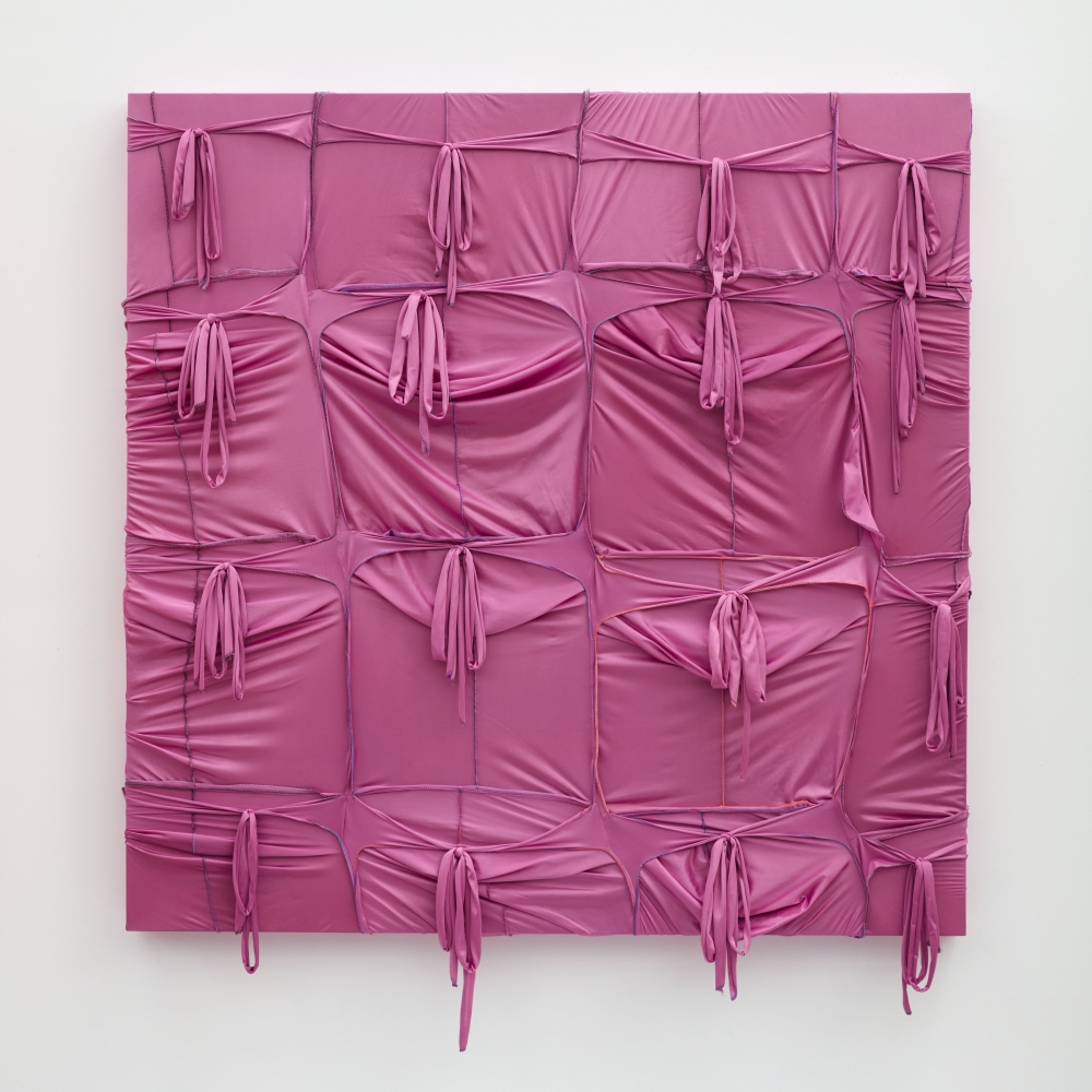 Anthony Olubunmi&amp;nbsp;Akinbola
CAMOUFLAGE #074 (Pink Panther),&amp;nbsp;2021
durags and acrylic on wood panel
55 x 48 in (139.7 x 121.9 cm)
AA008
