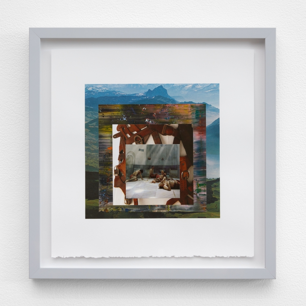 William E. Jones
Homage to the Square 9 (Swiss Alps&amp;mdash;Gerhard Richter&amp;mdash;Maison Margiela&amp;mdash;Turkish bath), 2019
collage
15 x 15 in (38.1 x 38.1 cm)
WEJ005