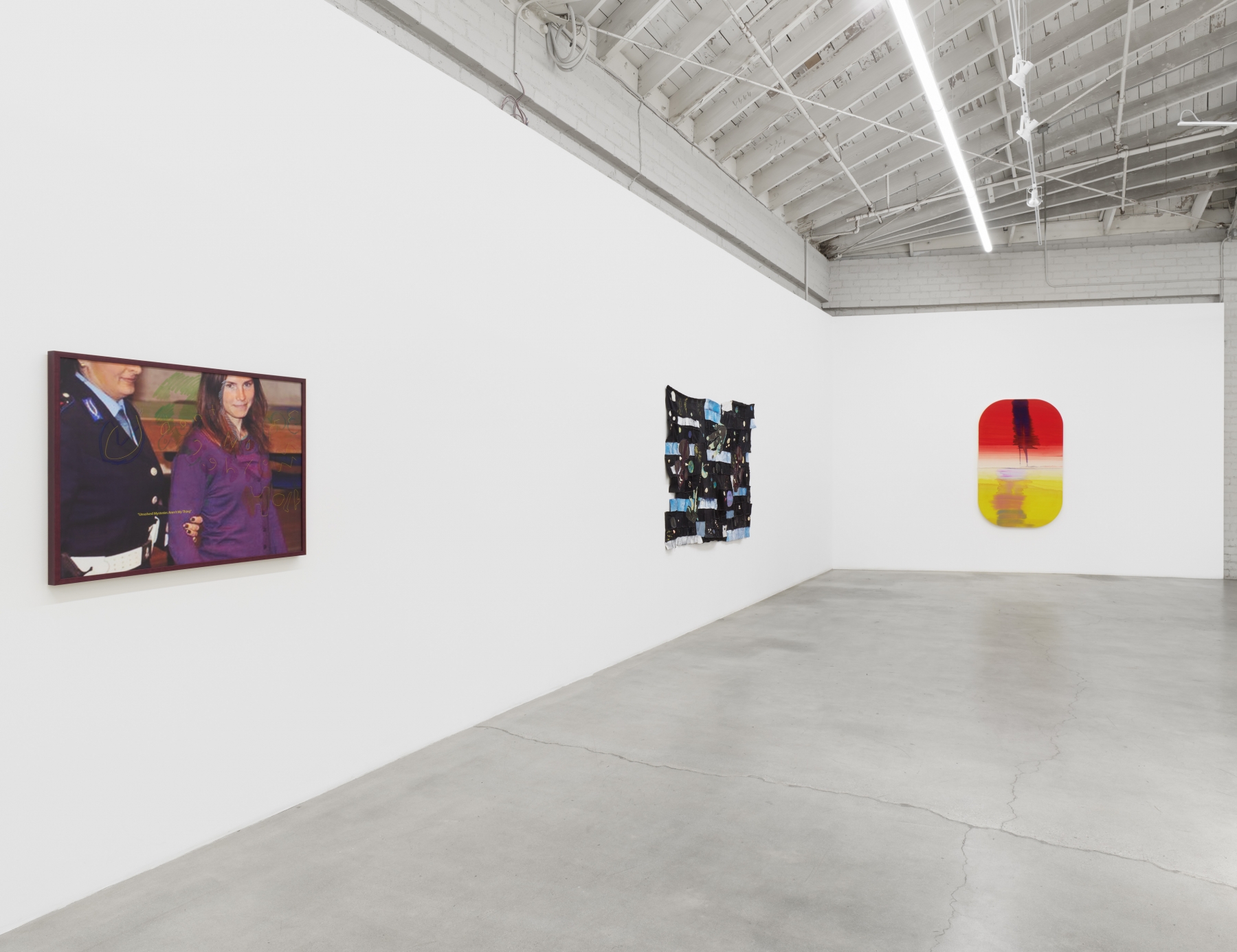 Installation view of Majeure Force, Part Two, featuring works by Cara Benedetto, Tau Lewis, and Elaine Stocki. 