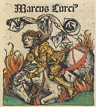 Marcus Curtius depicted in the Nuremburg Chronicle, 1493