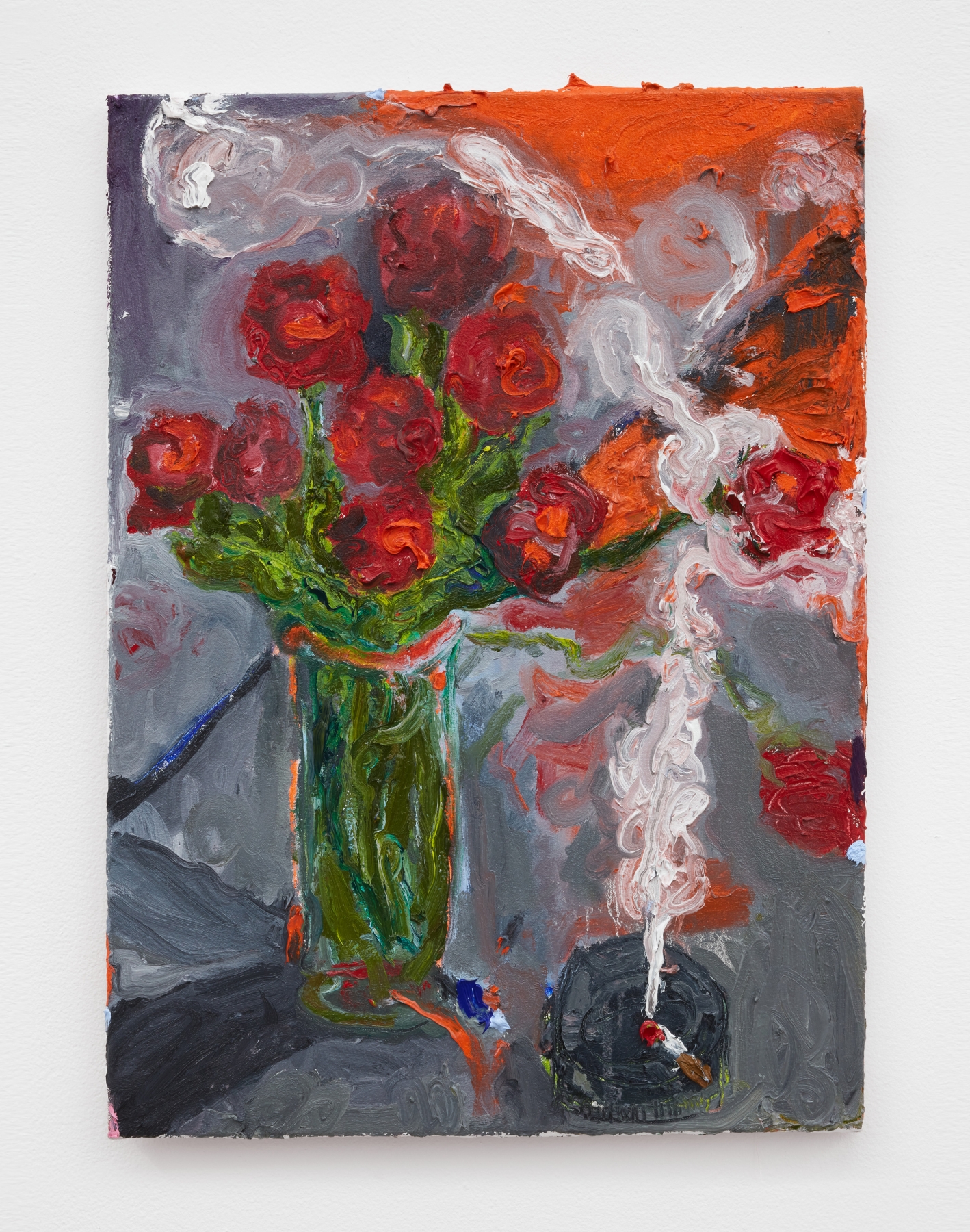 Jason Roberts Dobrin, Untitled (wildfire sunlight light, red roses and smoking cigarette in black ashtray), 2021

800px