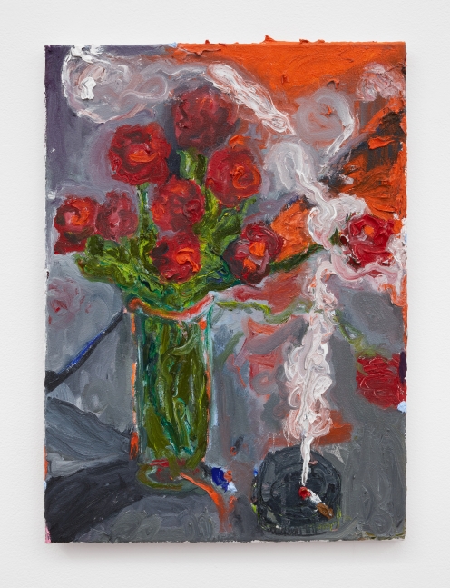 Jason Roberts, Dobrin Untitled (wildfire sunlight light, red roses and smoking cigarette in black ashtray), 2021