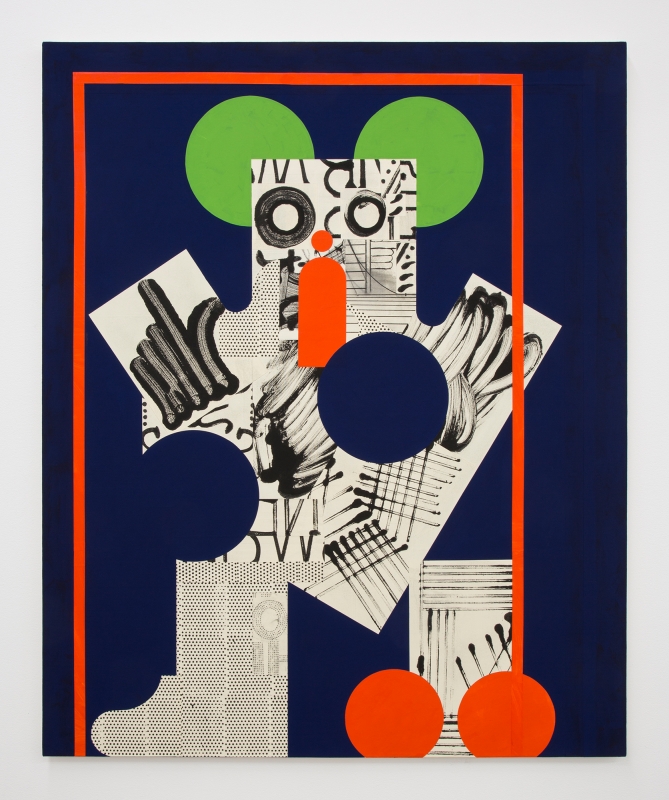 David Korty, "Figure on blue with green ears and orange border," 2019