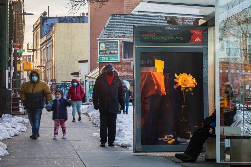 "CDCR (Interior Reflections)," 2020, Roosevelt Ave. between 63rd St. & 64th St., Queens, as a part of Awol Erizku: New Visions for Iris, an exhibition on 350 JCDecaux bus shelter displays across New York City and Chicago. Photo: Nicholas Knight, Courtesy of Public Art Fund, NY.