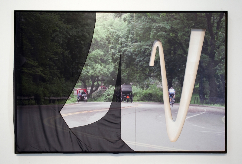 &quot;Central Park (Three Riders, Motherwell)&quot;, 2015. Inkjet on adhesive vinyl, silk chiffon, plexiglass, plywood, iron frame. 72 x 60 inches.
