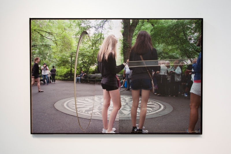 &quot;Central Park (Imagine with girls)&quot;, 2015. Inkjet on adhesive vinyl, plywood, plexiglass, rubber, iron frame. 72 x 48 inches.