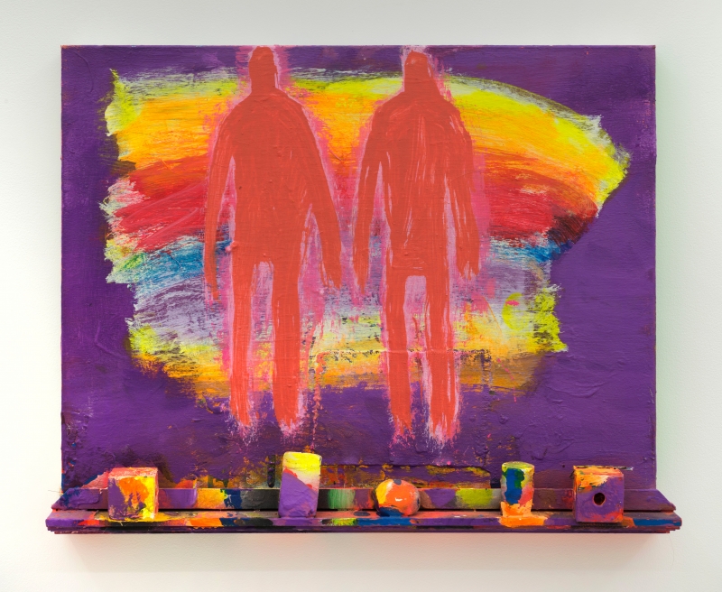 Katherine Bradford, "Shelf Men with Rainbow," 2018