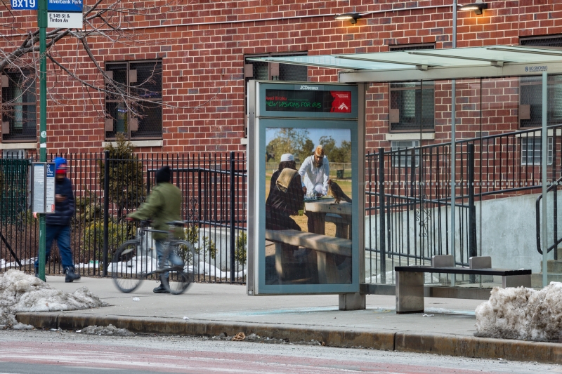 "Park Match," 2020, 149th St. between Tinton Ave. and Wales Ave., The Bronx, as a part of Awol Erizku: New Visions for Iris, an exhibition on 350 JCDecaux bus shelter displays across New York City and Chicago. Photo: Nicholas Knight, Courtesy of Public Art Fund, NY.