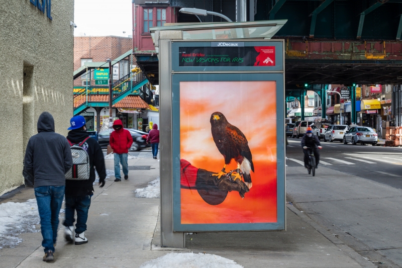 "Arrival," 2020, Roosevelt Ave. between 69th St. & 68th St., Queens, as a part of Awol Erizku: New Visions for Iris, an exhibition on 350 JCDecaux bus shelter displays across New York City and Chicago. Photo: Nicholas Knight, Courtesy of Public Art Fund, NY.